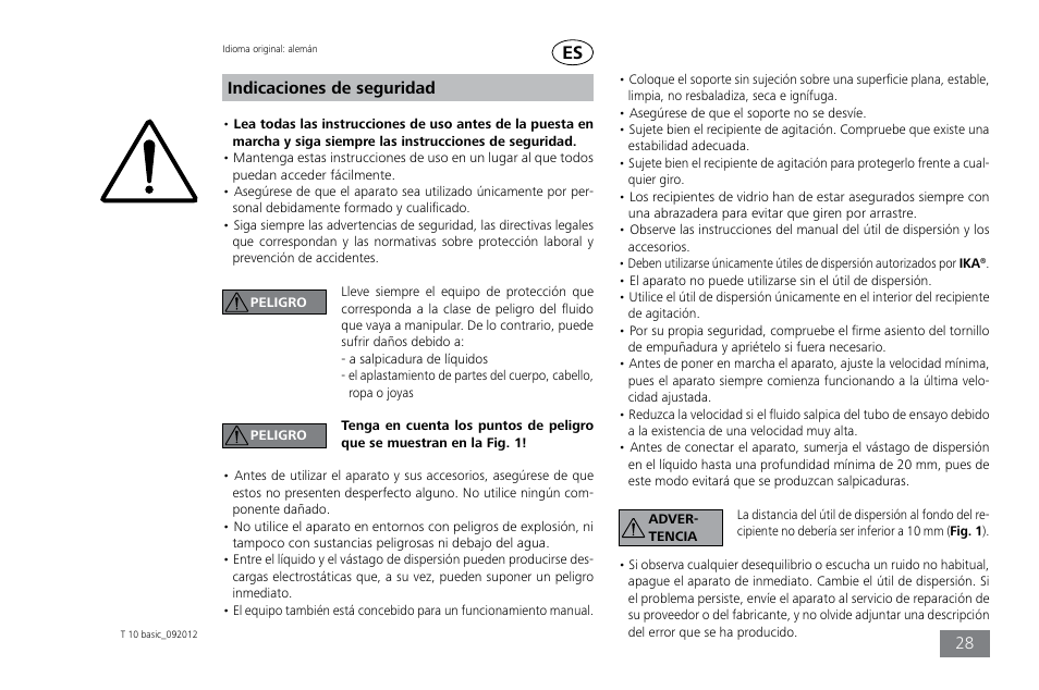 Indicaciones de seguridad | IKA T 10 basic ULTRA-TURRAX User Manual | Page 28 / 68