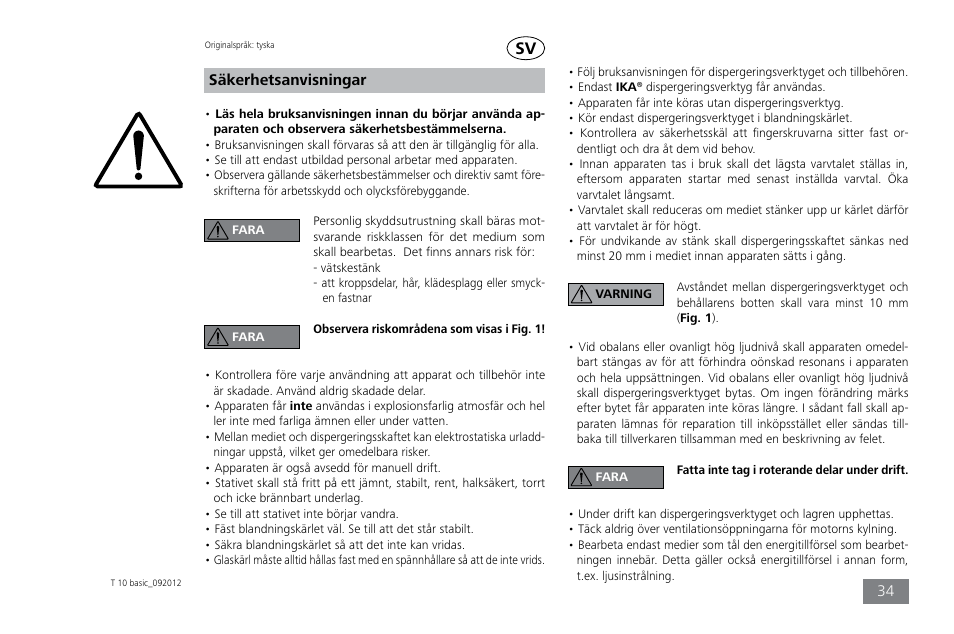 Säkerhetsanvisningar | IKA T 10 basic ULTRA-TURRAX User Manual | Page 34 / 68