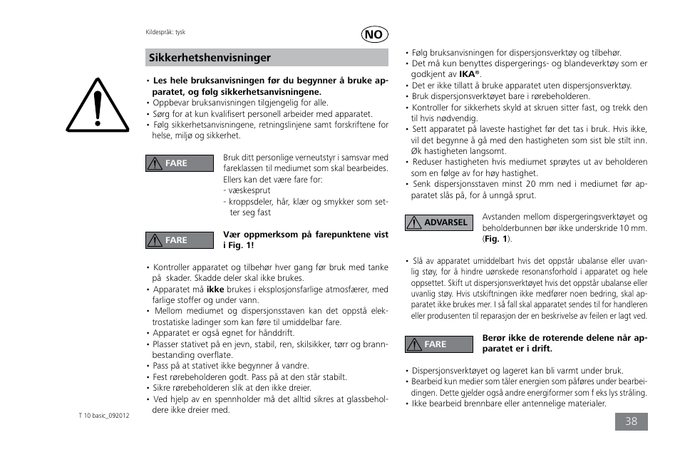 Sikkerhetshenvisninger | IKA T 10 basic ULTRA-TURRAX User Manual | Page 38 / 68