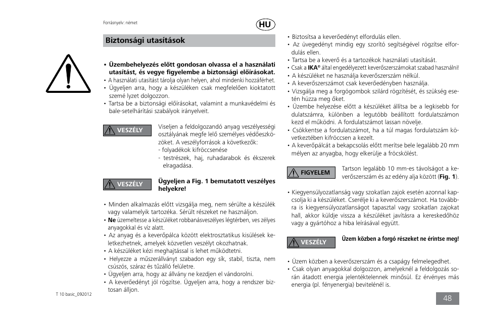 Biztonsági utasítások | IKA T 10 basic ULTRA-TURRAX User Manual | Page 48 / 68