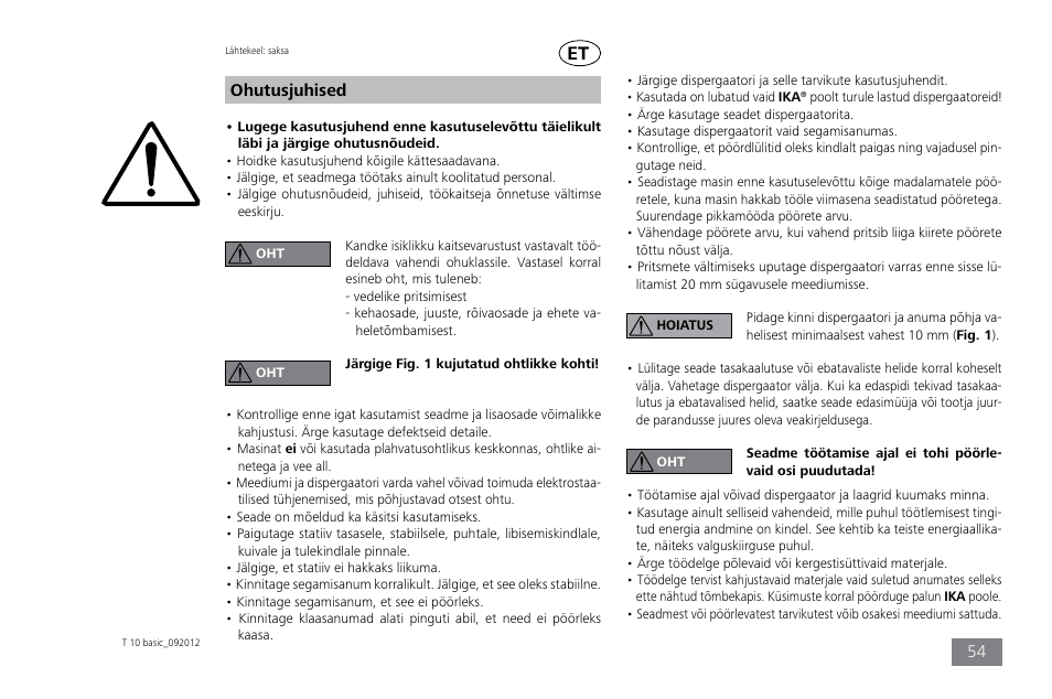 Ohutusjuhised | IKA T 10 basic ULTRA-TURRAX User Manual | Page 54 / 68