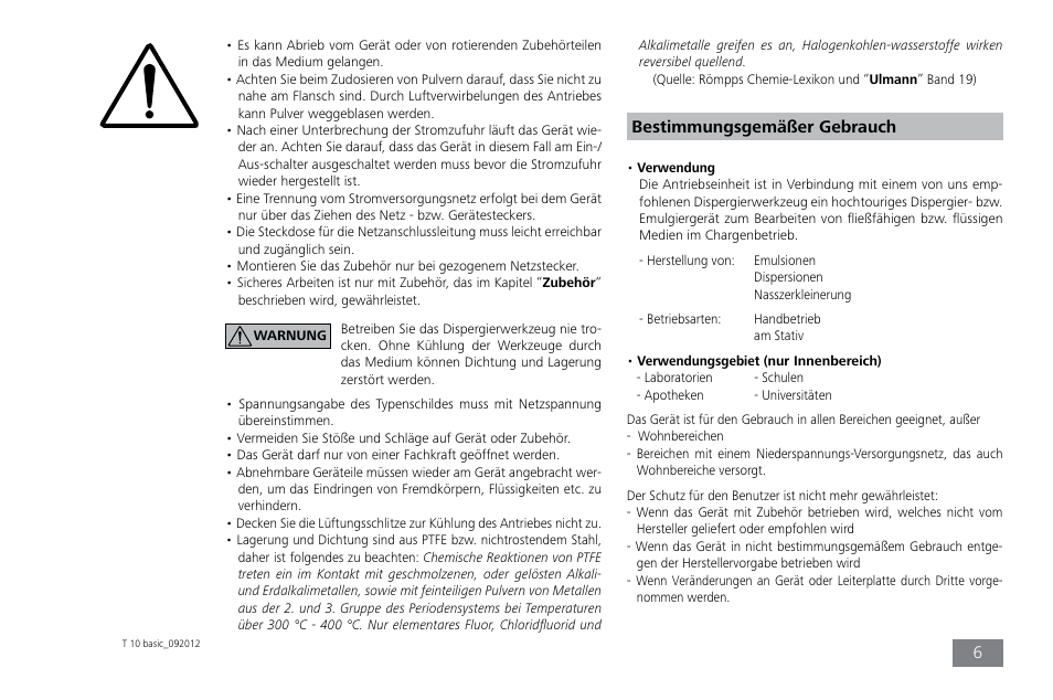 Bestimmungsgemäßer gebrauch | IKA T 10 basic ULTRA-TURRAX User Manual | Page 6 / 68