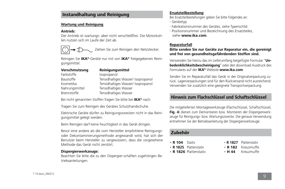 Instandhaltung und reinigung, Hinweis zum flachschlüssel und schaftschlüssel, Zubehör | IKA T 10 basic ULTRA-TURRAX User Manual | Page 9 / 68