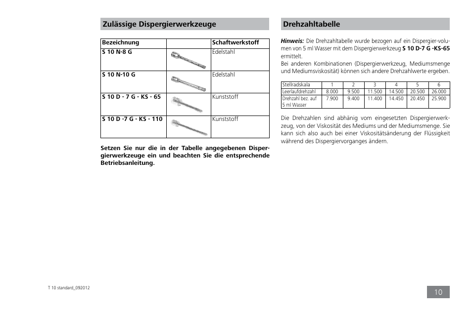 Zulässige dispergierwerkzeuge, Drehzahltabelle | IKA T 10 standard ULTRA-TURRAX User Manual | Page 10 / 68