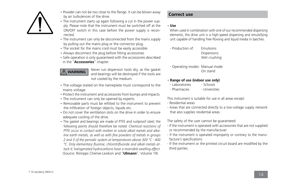 Correct use | IKA T 10 standard ULTRA-TURRAX User Manual | Page 14 / 68