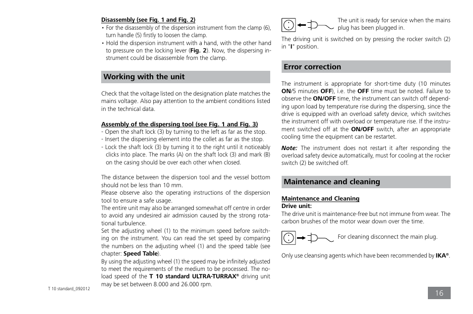 Working with the unit, Error correction, Maintenance and cleaning | IKA T 10 standard ULTRA-TURRAX User Manual | Page 16 / 68