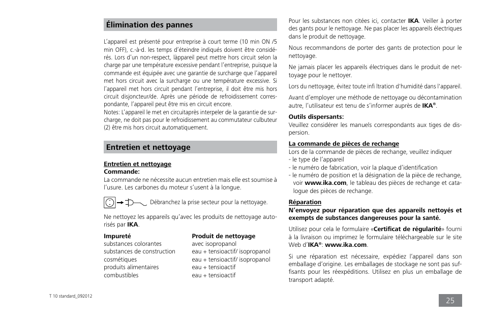 Élimination des pannes, Entretien et nettoyage | IKA T 10 standard ULTRA-TURRAX User Manual | Page 25 / 68