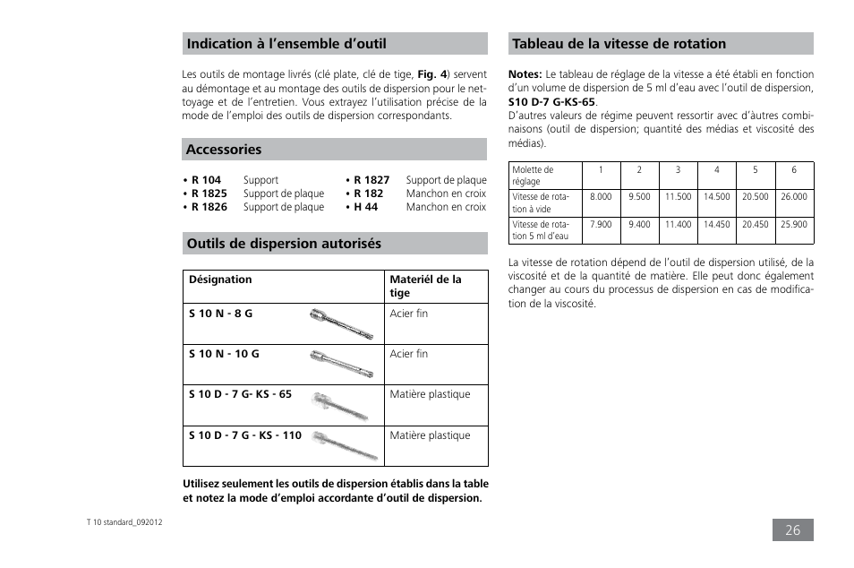 Accessories, Tableau de la vitesse de rotation, Outils de dispersion autorisés | Indication à l’ensemble d’outil | IKA T 10 standard ULTRA-TURRAX User Manual | Page 26 / 68