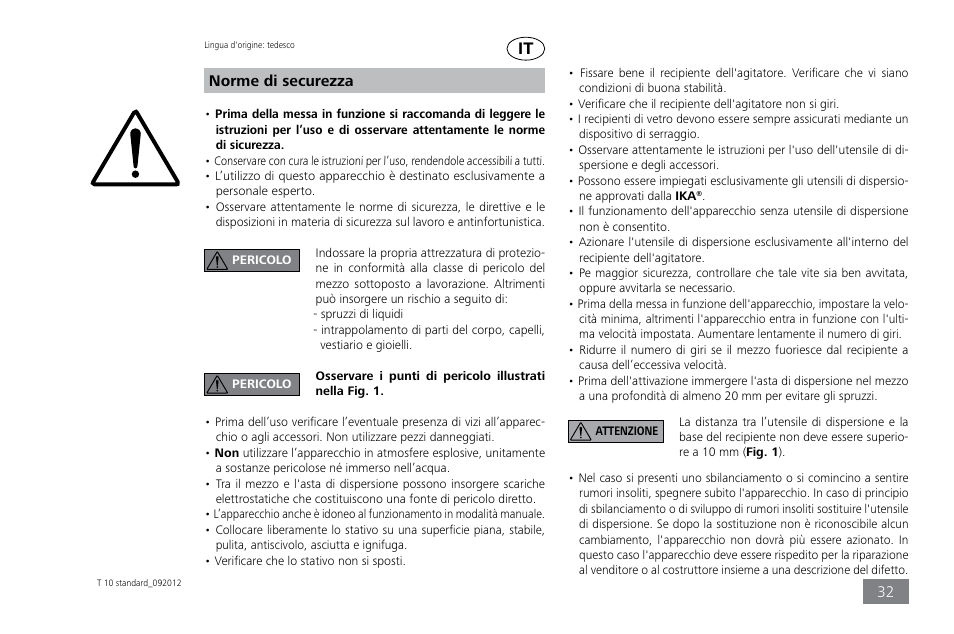 Norme di securezza | IKA T 10 standard ULTRA-TURRAX User Manual | Page 32 / 68