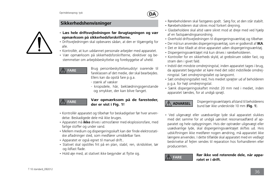 Sikkerhedshenvisninger | IKA T 10 standard ULTRA-TURRAX User Manual | Page 36 / 68