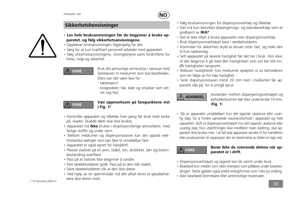 Sikkerhetshenvisninger | IKA T 10 standard ULTRA-TURRAX User Manual | Page 38 / 68