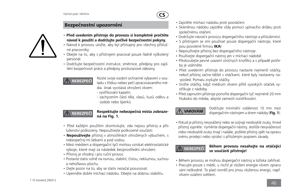 Bezpečnostní upozornění | IKA T 10 standard ULTRA-TURRAX User Manual | Page 46 / 68