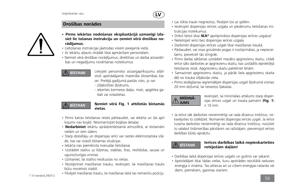 Drošības norādes | IKA T 10 standard ULTRA-TURRAX User Manual | Page 56 / 68