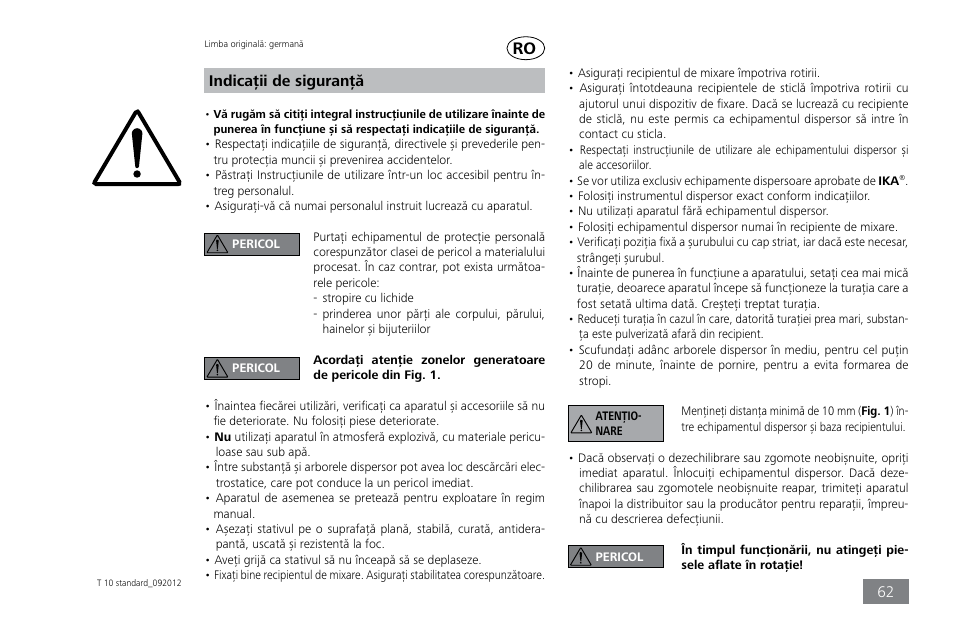 Indicaţii de siguranţă | IKA T 10 standard ULTRA-TURRAX User Manual | Page 62 / 68