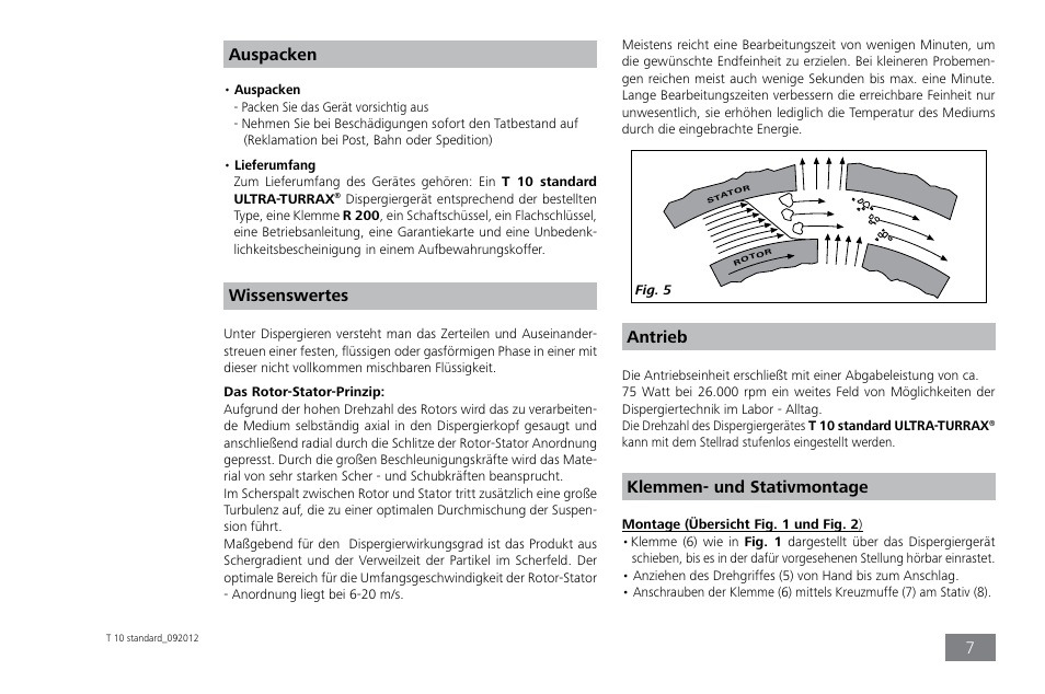 Auspacken, Wissenswertes, Antrieb | Klemmen- und stativmontage | IKA T 10 standard ULTRA-TURRAX User Manual | Page 7 / 68