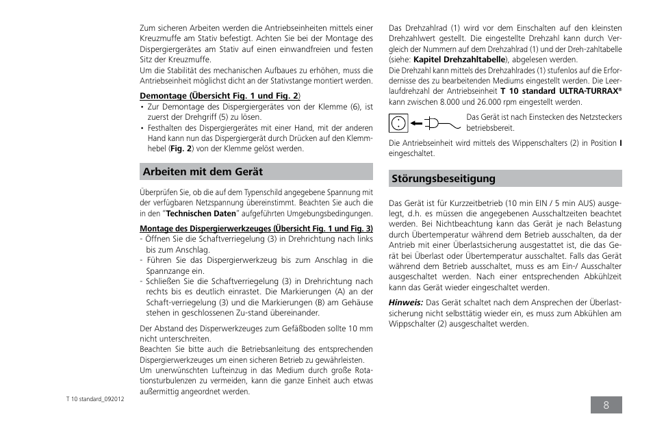 Störungsbeseitigung arbeiten mit dem gerät | IKA T 10 standard ULTRA-TURRAX User Manual | Page 8 / 68