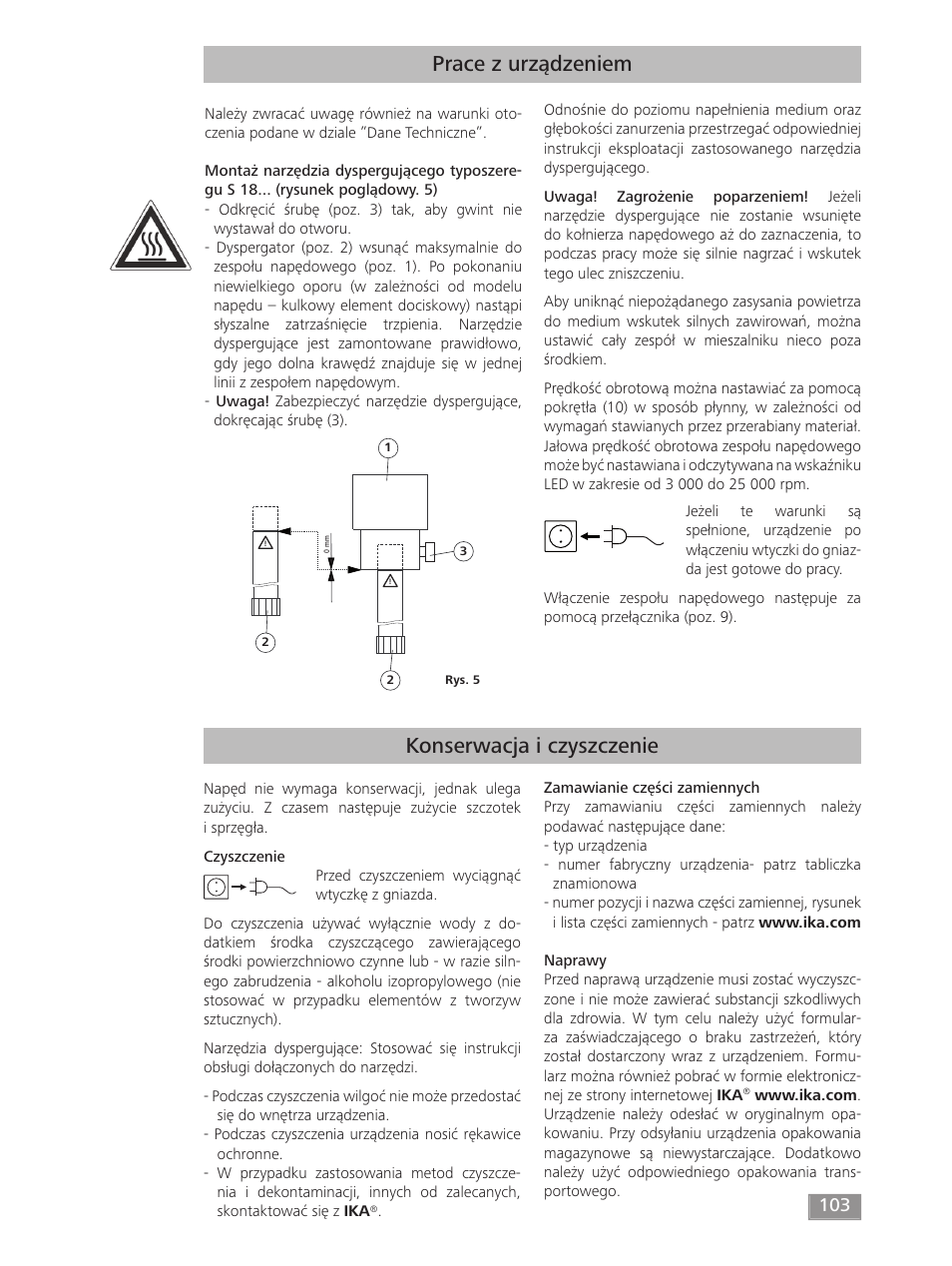 Prace z urządzeniem, Konserwacja i czyszczenie | IKA T 18 digital ULTRA-TURRAX User Manual | Page 103 / 188