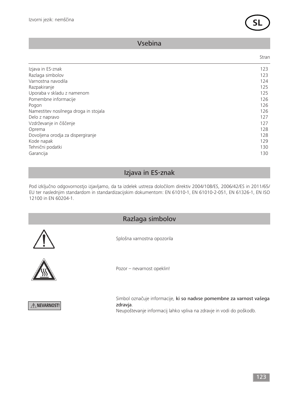Vsebina, Izjava in es-znak razlaga simbolov | IKA T 18 digital ULTRA-TURRAX User Manual | Page 123 / 188