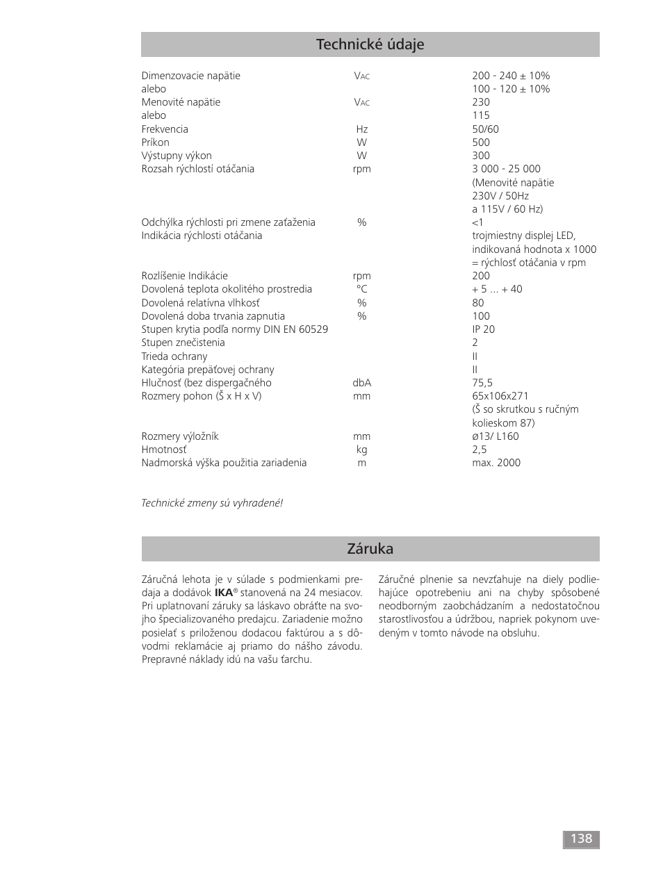 Záruka technické údaje | IKA T 18 digital ULTRA-TURRAX User Manual | Page 138 / 188