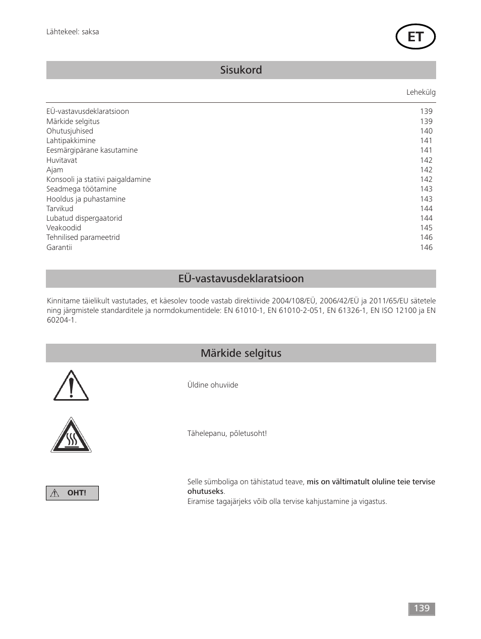 Sisukord, Eü-vastavusdeklaratsioon märkide selgitus | IKA T 18 digital ULTRA-TURRAX User Manual | Page 139 / 188