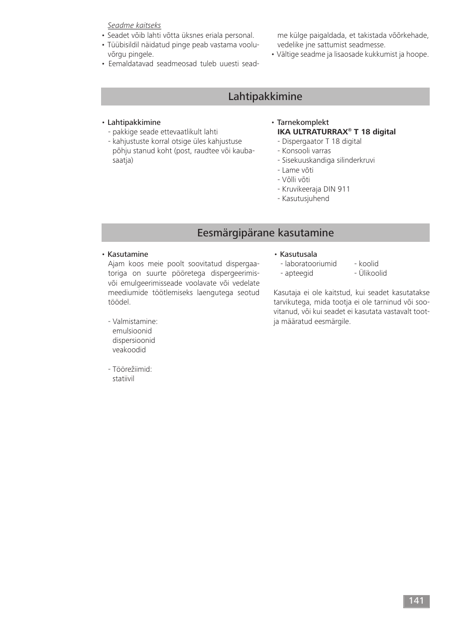 Lahtipakkimine, Eesmärgipärane kasutamine | IKA T 18 digital ULTRA-TURRAX User Manual | Page 141 / 188