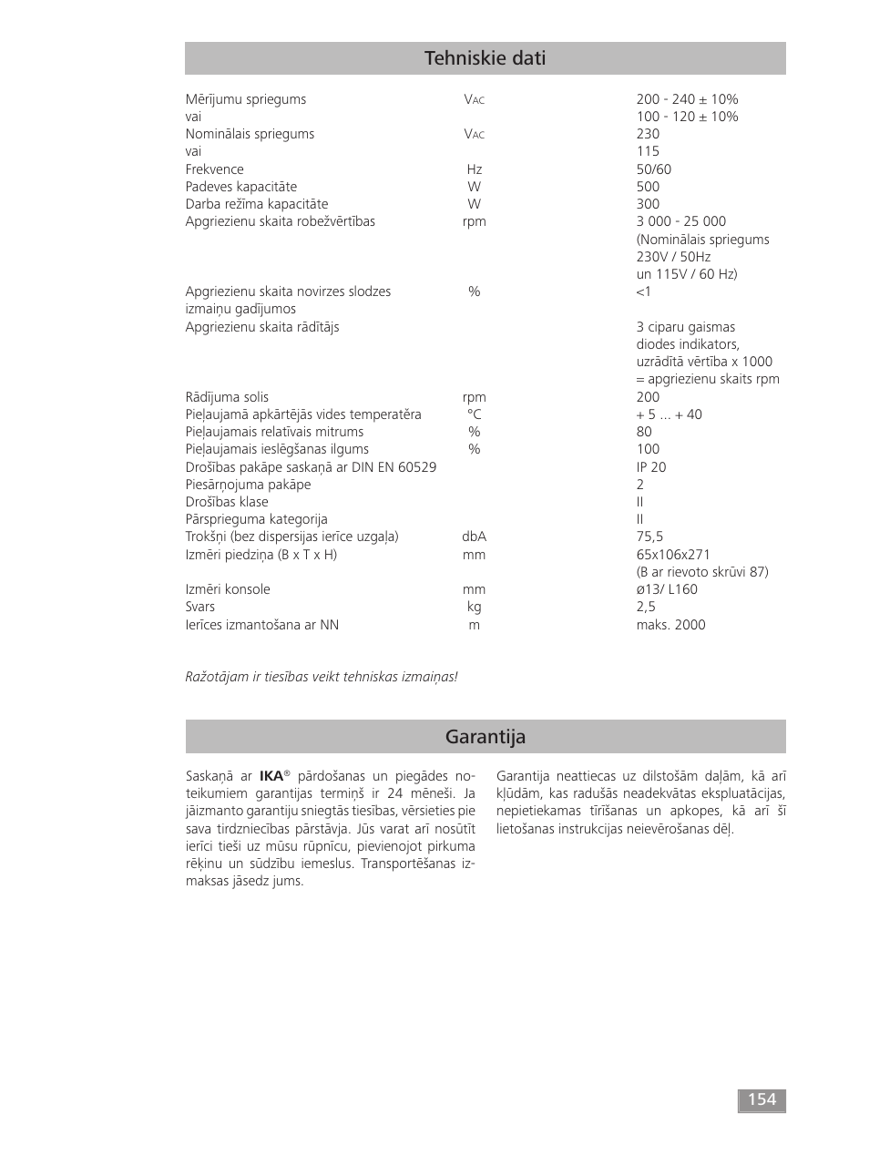 Garantija tehniskie dati | IKA T 18 digital ULTRA-TURRAX User Manual | Page 154 / 188