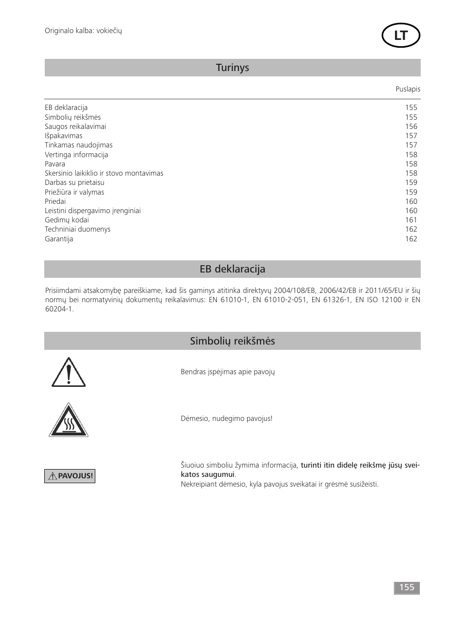 Turinys, Eb deklaracija simbolių reikšmės | IKA T 18 digital ULTRA-TURRAX User Manual | Page 155 / 188