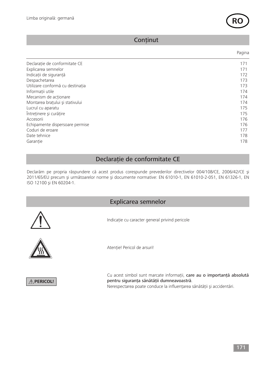 Conținut, Declaraţie de conformitate ce explicarea semnelor | IKA T 18 digital ULTRA-TURRAX User Manual | Page 171 / 188