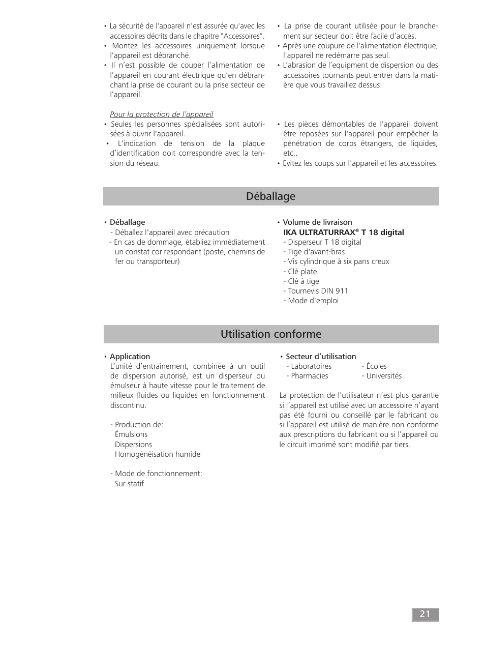 Déballage, Utilisation conforme | IKA T 18 digital ULTRA-TURRAX User Manual | Page 21 / 188