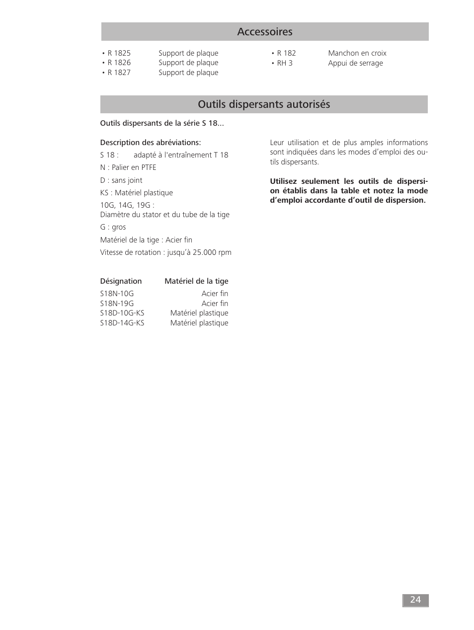 Accessoires, Outils dispersants autorisés | IKA T 18 digital ULTRA-TURRAX User Manual | Page 24 / 188