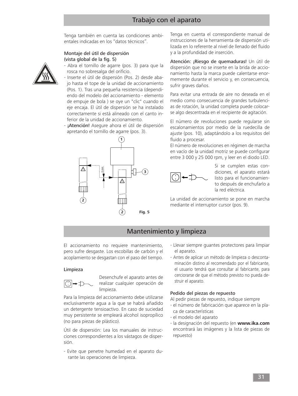 Trabajo con el aparato, Mantenimiento y limpieza | IKA T 18 digital ULTRA-TURRAX User Manual | Page 31 / 188