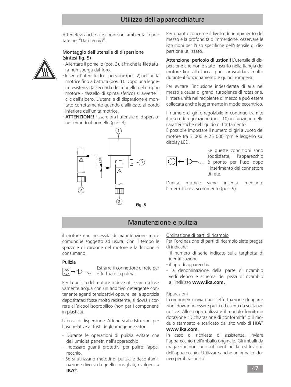 Utilizzo dell’apparecchiatura, Manutenzione e pulizia | IKA T 18 digital ULTRA-TURRAX User Manual | Page 47 / 188