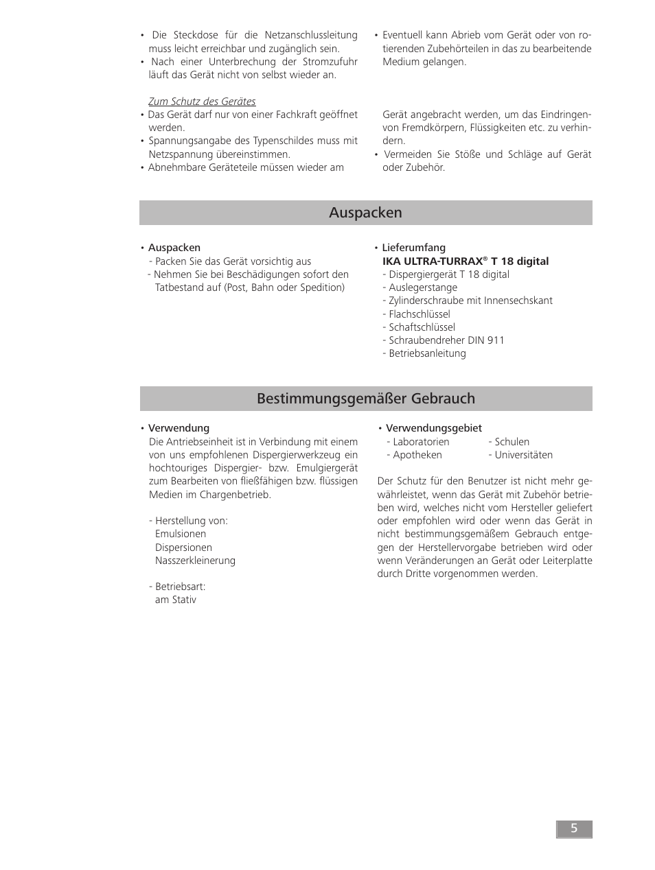 Auspacken, Bestimmungsgemäßer gebrauch | IKA T 18 digital ULTRA-TURRAX User Manual | Page 5 / 188