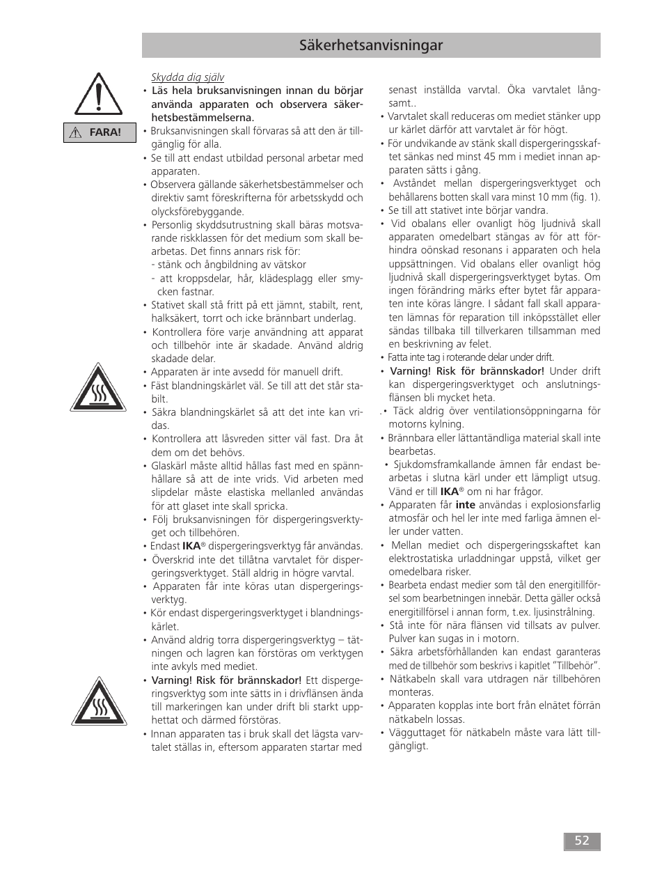 Säkerhetsanvisningar | IKA T 18 digital ULTRA-TURRAX User Manual | Page 52 / 188
