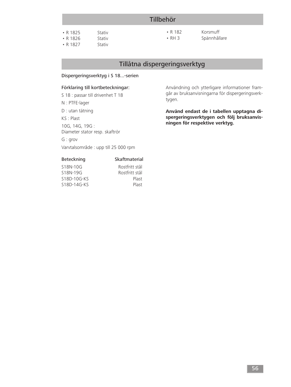 Tillbehör, Tillåtna dispergeringsverktyg | IKA T 18 digital ULTRA-TURRAX User Manual | Page 56 / 188