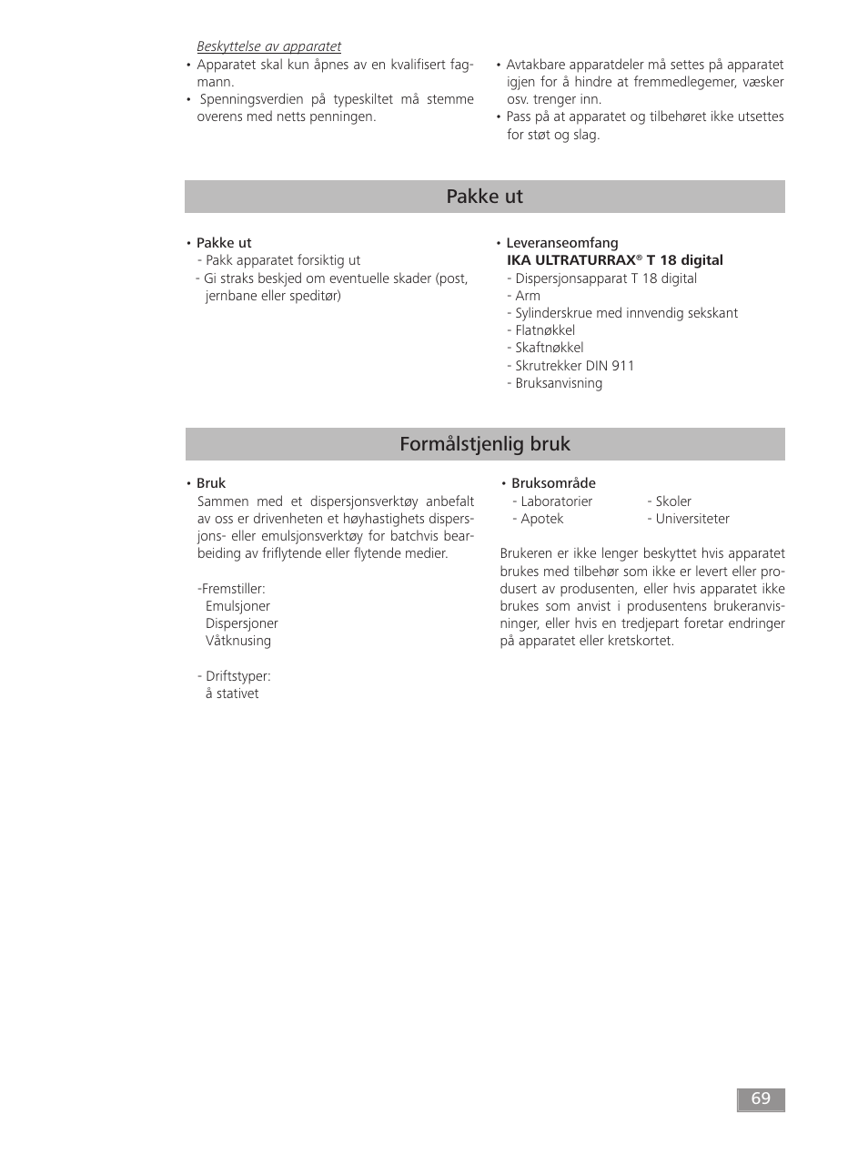 Pakke ut, Formålstjenlig bruk | IKA T 18 digital ULTRA-TURRAX User Manual | Page 69 / 188