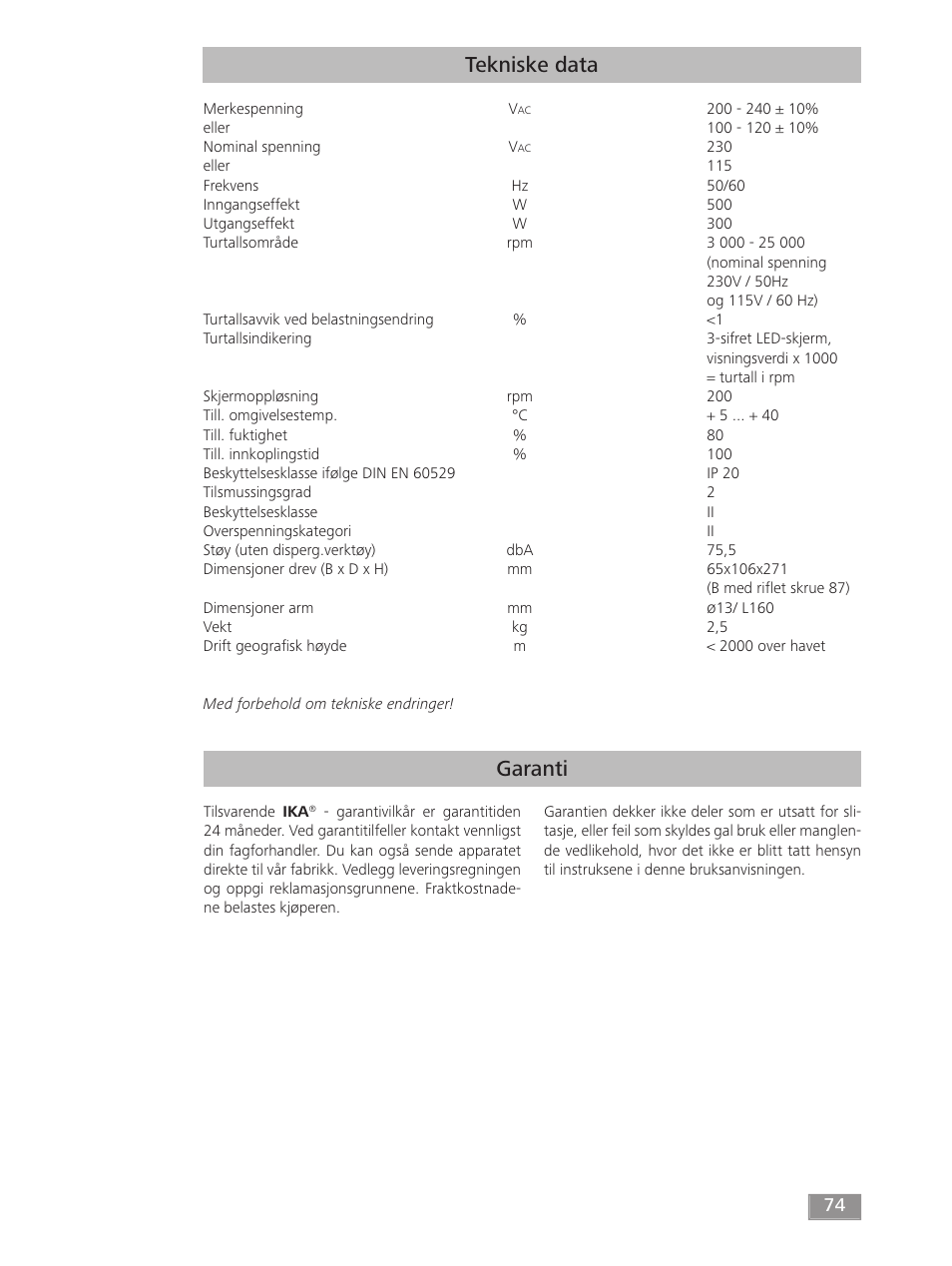 Garanti tekniske data | IKA T 18 digital ULTRA-TURRAX User Manual | Page 74 / 188