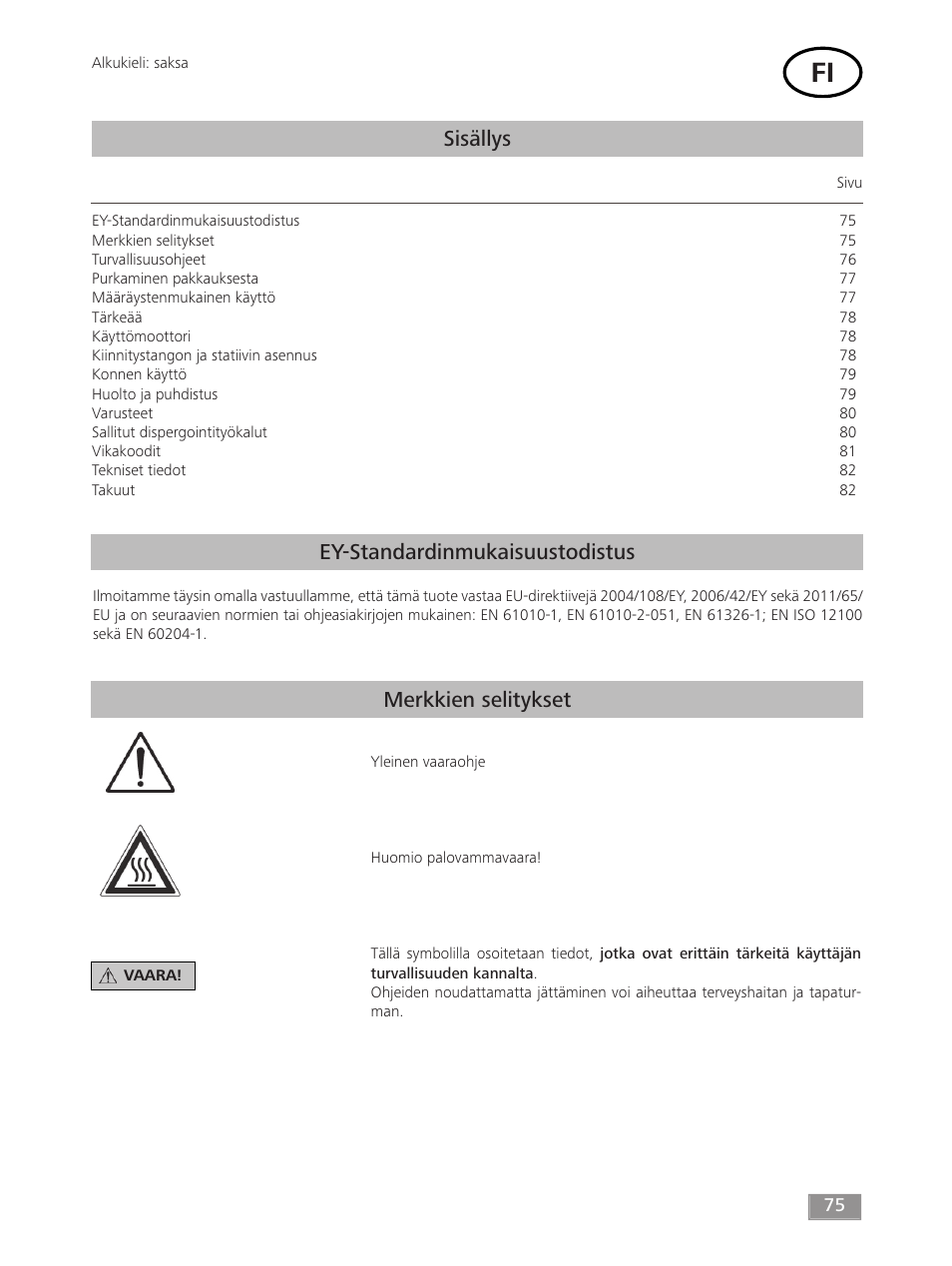 Sisällys, Ey-standardinmukaisuustodistus merkkien selitykset | IKA T 18 digital ULTRA-TURRAX User Manual | Page 75 / 188