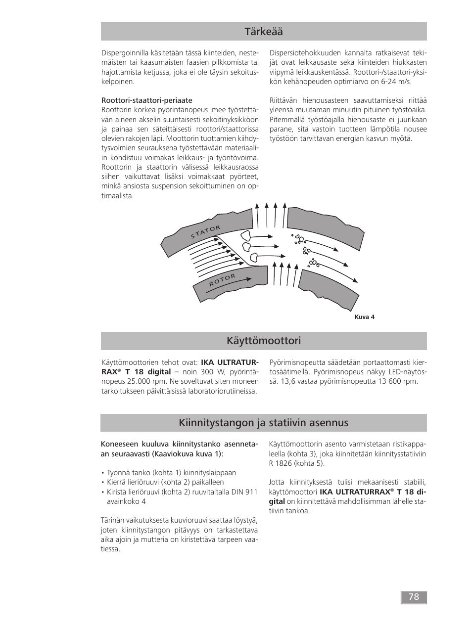 Käyttömoottori tärkeää, Kiinnitystangon ja statiivin asennus | IKA T 18 digital ULTRA-TURRAX User Manual | Page 78 / 188