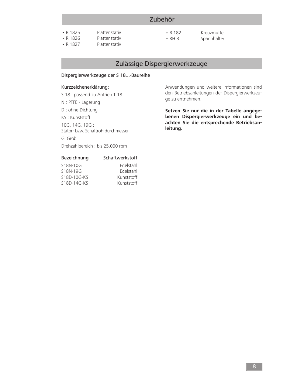 Zubehör, Zulässige dispergierwerkzeuge | IKA T 18 digital ULTRA-TURRAX User Manual | Page 8 / 188