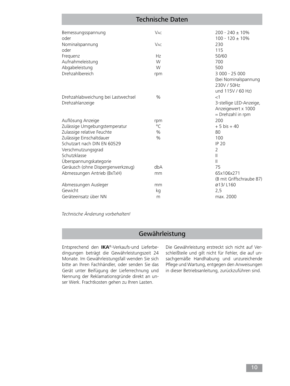 Gewährleistung technische daten | IKA T 25 digital ULTRA-TURRAX User Manual | Page 10 / 188