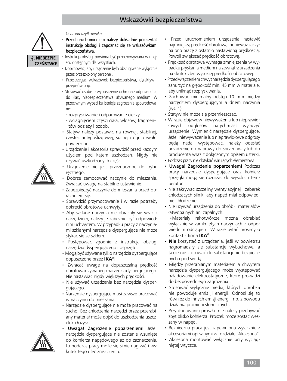Wskazówki bezpieczeństwa | IKA T 25 digital ULTRA-TURRAX User Manual | Page 100 / 188