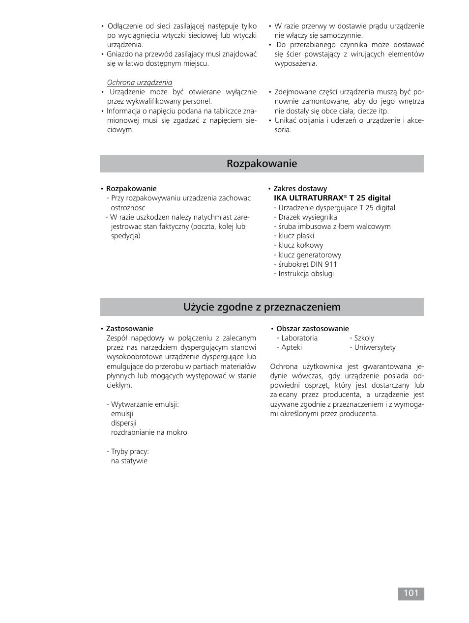 Rozpakowanie, Użycie zgodne z przeznaczeniem | IKA T 25 digital ULTRA-TURRAX User Manual | Page 101 / 188