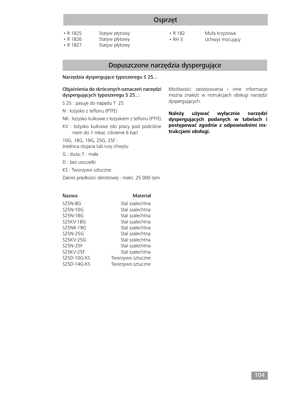 Osprzęt dopuszczone narzędzia dyspergujące | IKA T 25 digital ULTRA-TURRAX User Manual | Page 104 / 188