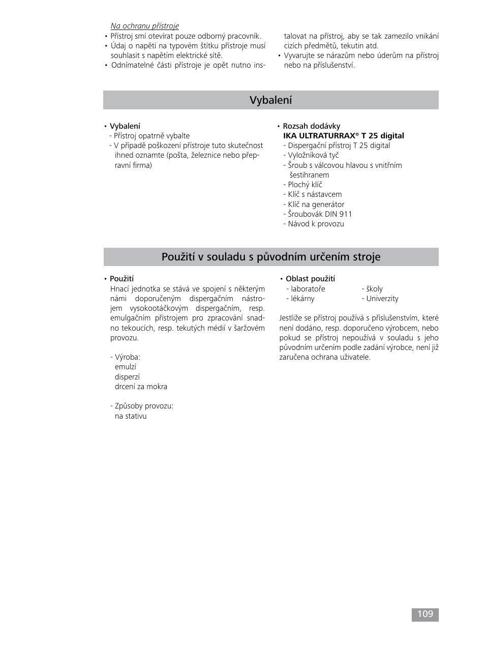 Vybalení, Použití v souladu s původním určením stroje | IKA T 25 digital ULTRA-TURRAX User Manual | Page 109 / 188