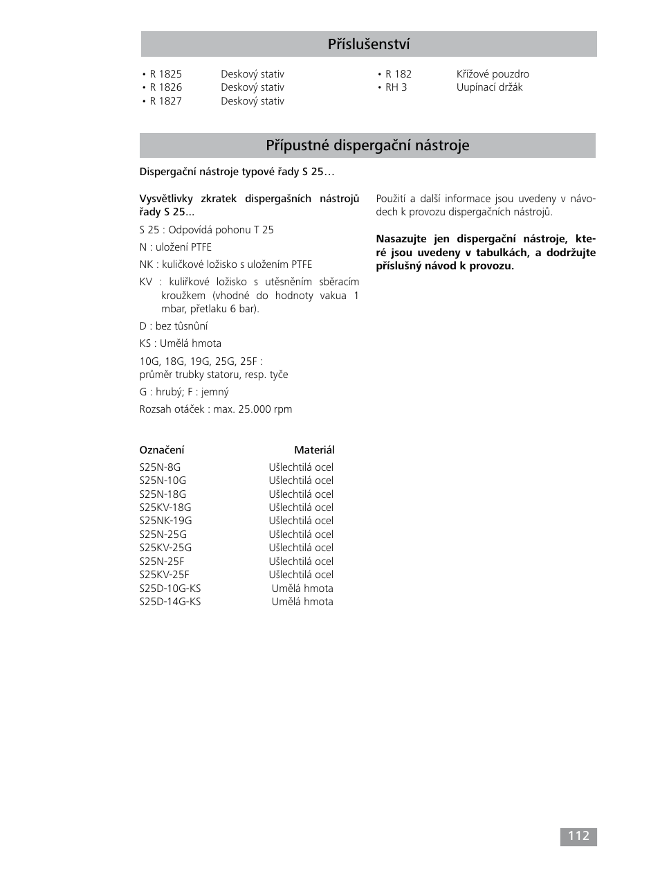 Příslušenství, Přípustné dispergační nástroje | IKA T 25 digital ULTRA-TURRAX User Manual | Page 112 / 188