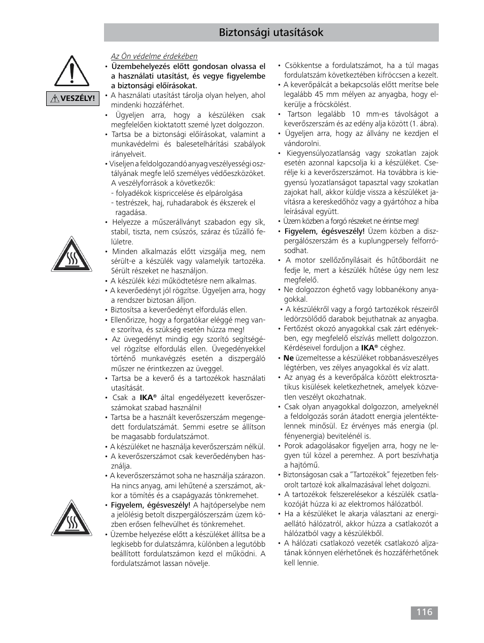 Biztonsági utasítások | IKA T 25 digital ULTRA-TURRAX User Manual | Page 116 / 188