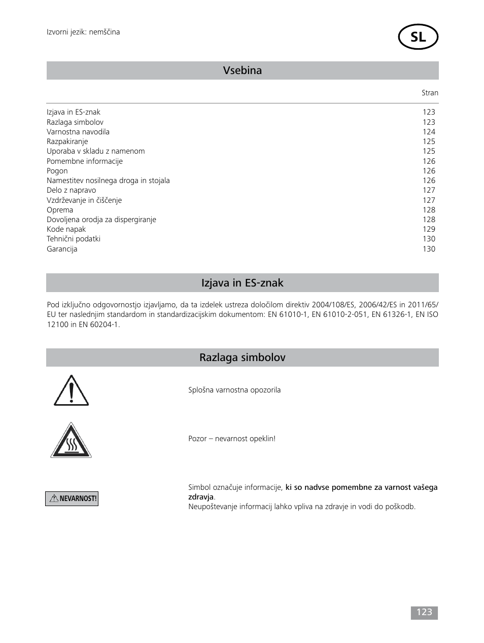 Vsebina, Izjava in es-znak razlaga simbolov | IKA T 25 digital ULTRA-TURRAX User Manual | Page 123 / 188
