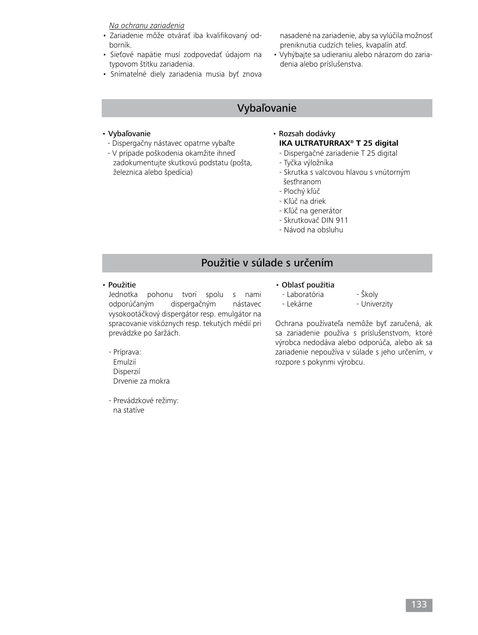Vybaľovanie, Použitie v súlade s určením | IKA T 25 digital ULTRA-TURRAX User Manual | Page 133 / 188