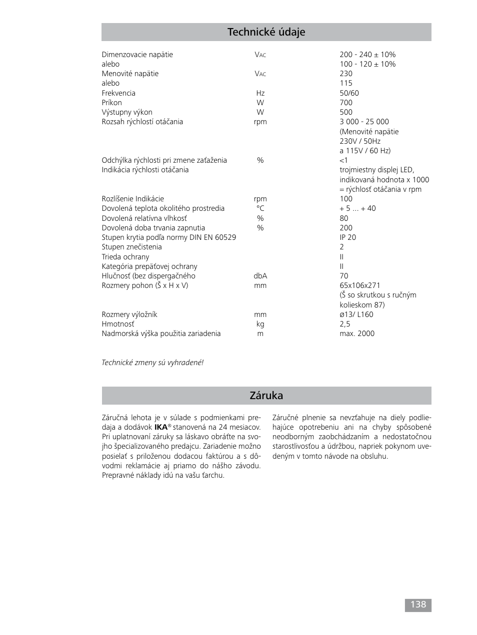 Záruka technické údaje | IKA T 25 digital ULTRA-TURRAX User Manual | Page 138 / 188